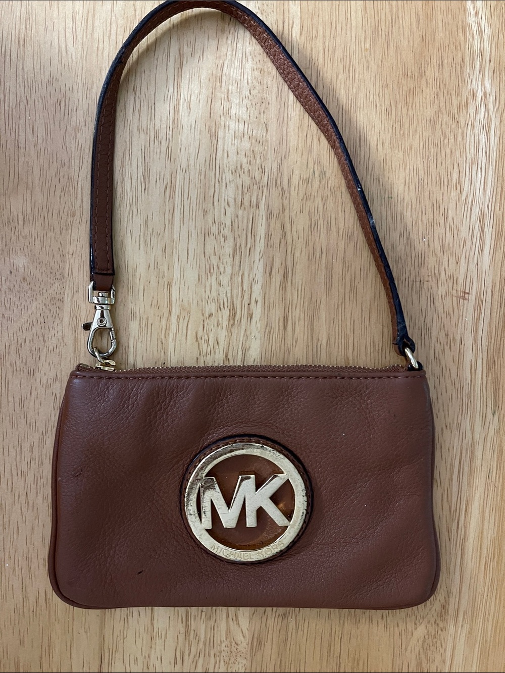 Michael Kors Cognac Brown Leather Wristlet with Gold MK Emblem